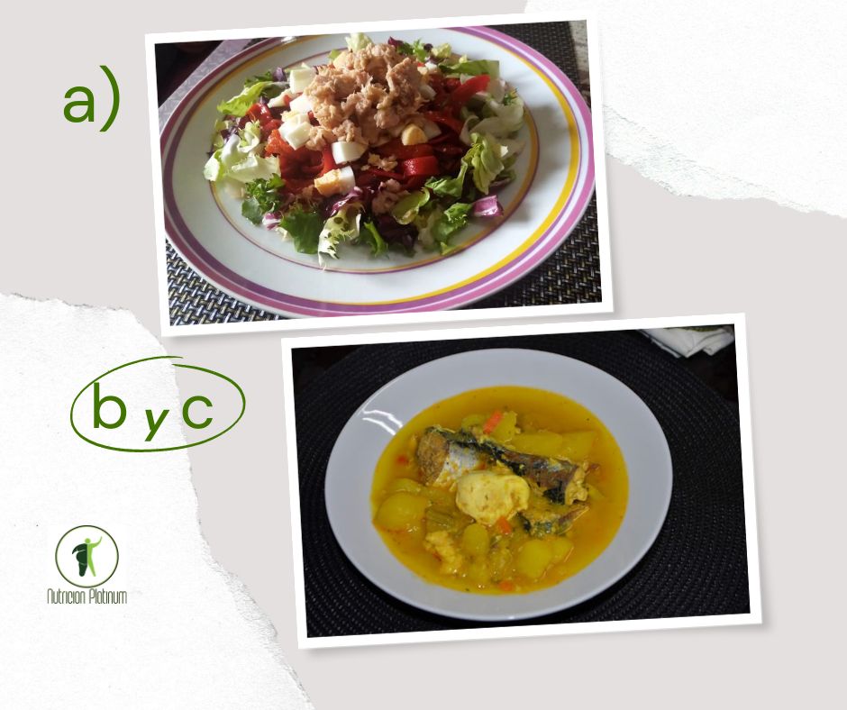 Ensalada de pimientos asados atún y huevo con caldo de pescado con huevo cuajado